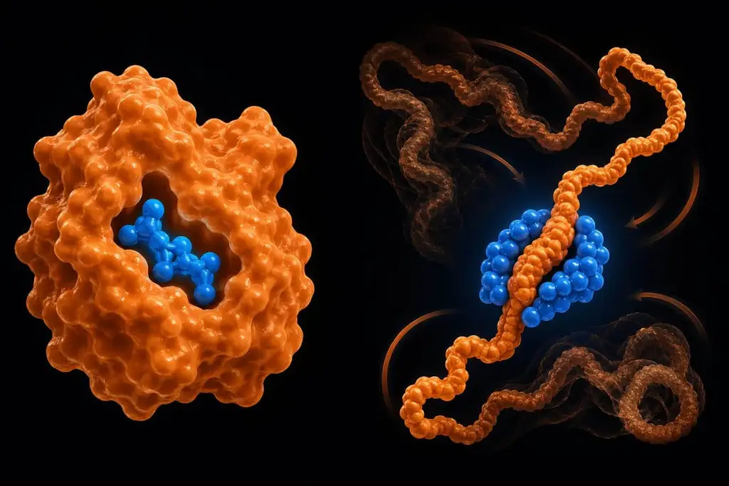 Comparación visual entre el modelo clásico llave-cerradura (una molécula encajando en un sitio rígido) y el nuevo enfoque: una molécula que rodea y congela un filamento en movimiento. Foto: Nano Banana o ChatGPT / Scruzcampillo.