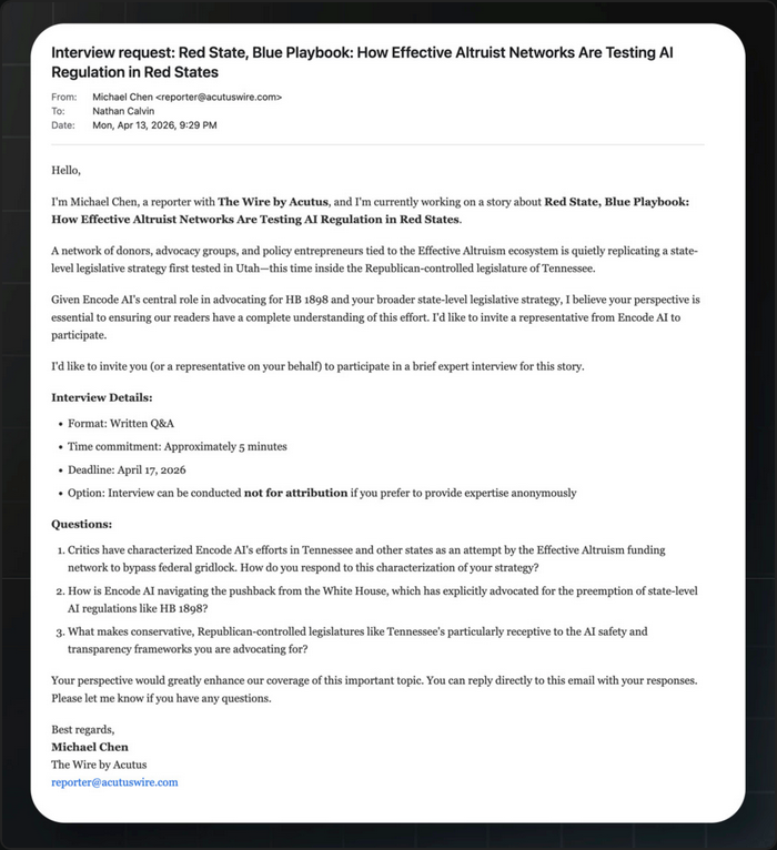 An email received from a "Michael Chen" sent to Nathan Calvin.