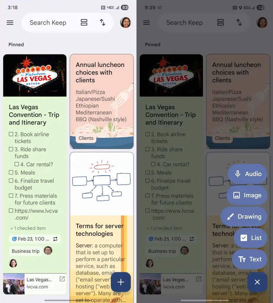 android keep app split screenshot - basic home screen and menu with audio recording button