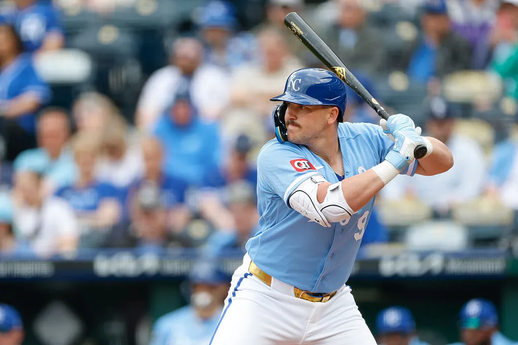 KANSAS CITY, MISSOURI - APRIL 22: Vinnie Pasquantino #9 of the Kansas City Royals waits for a pitch in the fourth inning during a game against the Baltimore Orioles at Kauffman Stadium on April 22, 2026 in Kansas City, Missouri. (Photo by Brandon Sloter/IOS/Getty Images)
