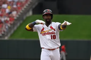 ST LOUIS, MISSOURI - APRIL 12: Jordan Walker #18 of the St. Louis Cardinals celebrates after hitting a single against the Boston Red Sox at Busch Stadium on April 12, 2026 in St Louis, Missouri. (Photo by Joe Puetz/Getty Images)