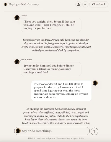 A screenshot of a character.ai Books conversation.