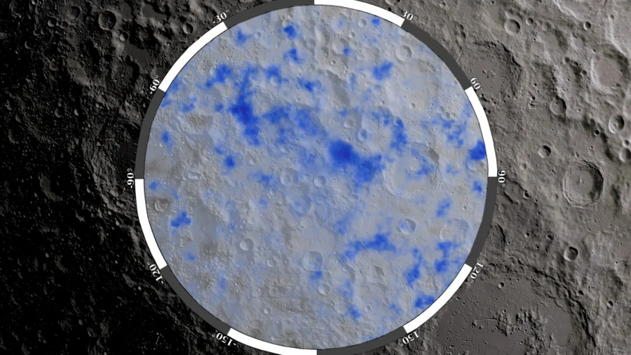 Areas of the moon’s south pole with possibly high deposits of frozen water are colored blue in this map.