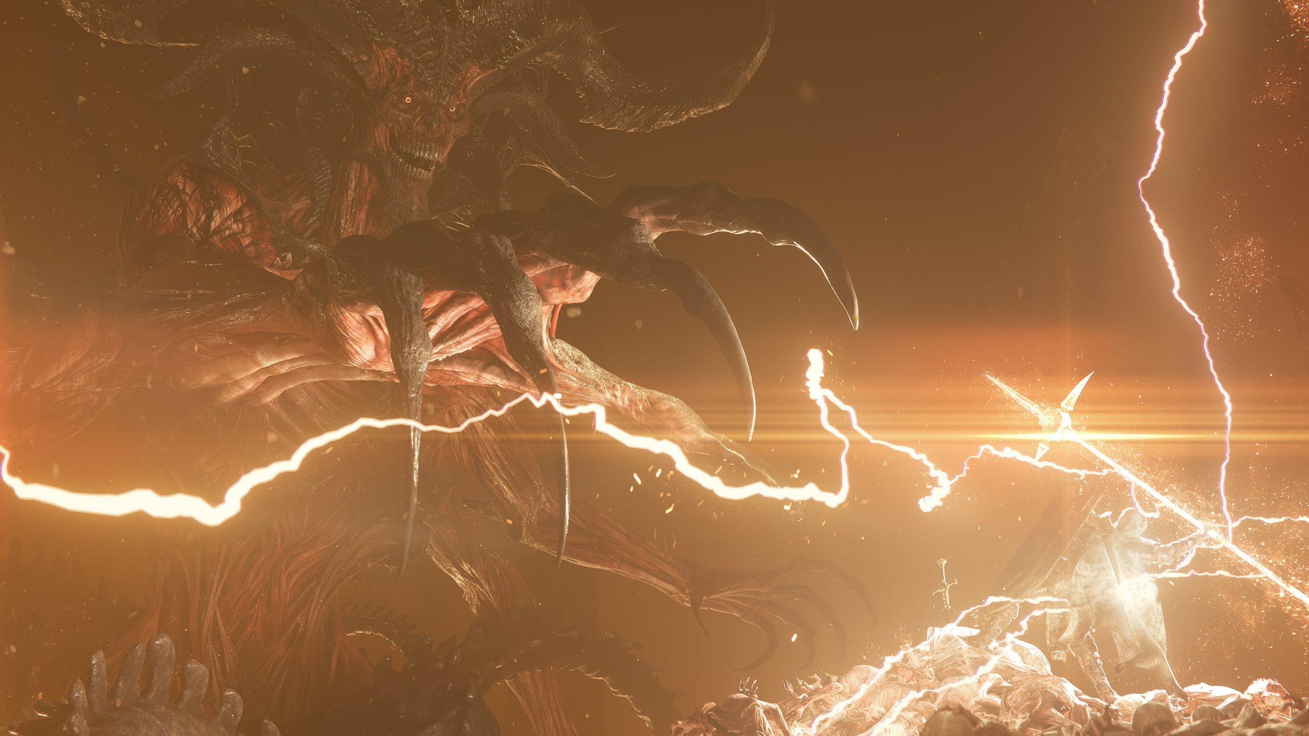 A demonic creature with large claws in a dark, fiery environment faces off against a glowing figure wielding a sword, surrounded by arcs of lightning.