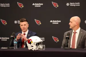 TEMPE, ARIZONA - FEBRUARY 03: New Arizona Cardinals head coach Mike LaFleur (L) speaks as general manager Monti Ossenfort looks o during a press conference at Dignity Health Arizona Cardinals Training Center on February 03, 2026 in Tempe, Arizona. (Photo by Chris Coduto/Getty Images)