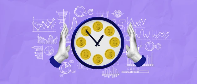 Creative concept image of a clock with gold coins as hours, framed by hands and financial graphs on purple background illustrating time and money relationship.