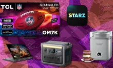A TCL TV, Stars Logo, Lenovo laptop, Anker power station, and Cuisinart ice cream maker on a colorful background
