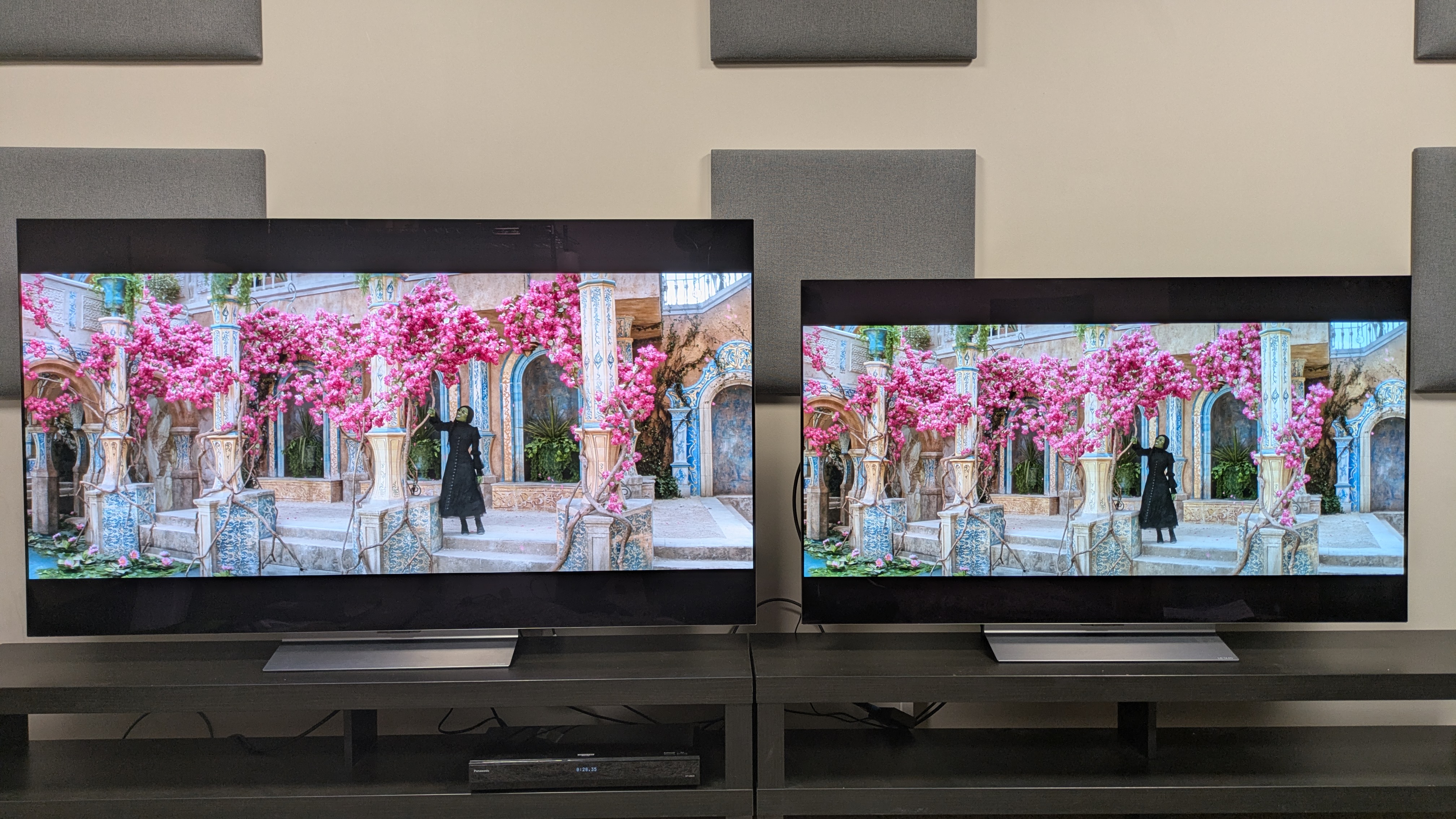 LG C6 (left) and LG C5 (right) OLED TVs showing Elphaba standing under a tree with pink flowers from Wicked. Colors appear brighter on the C6, and its color temperature is more accurate