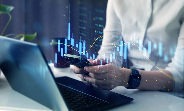 Price graph and indicator. Stock market invest and crypto currency. Trader analyzing data on virtual screen.