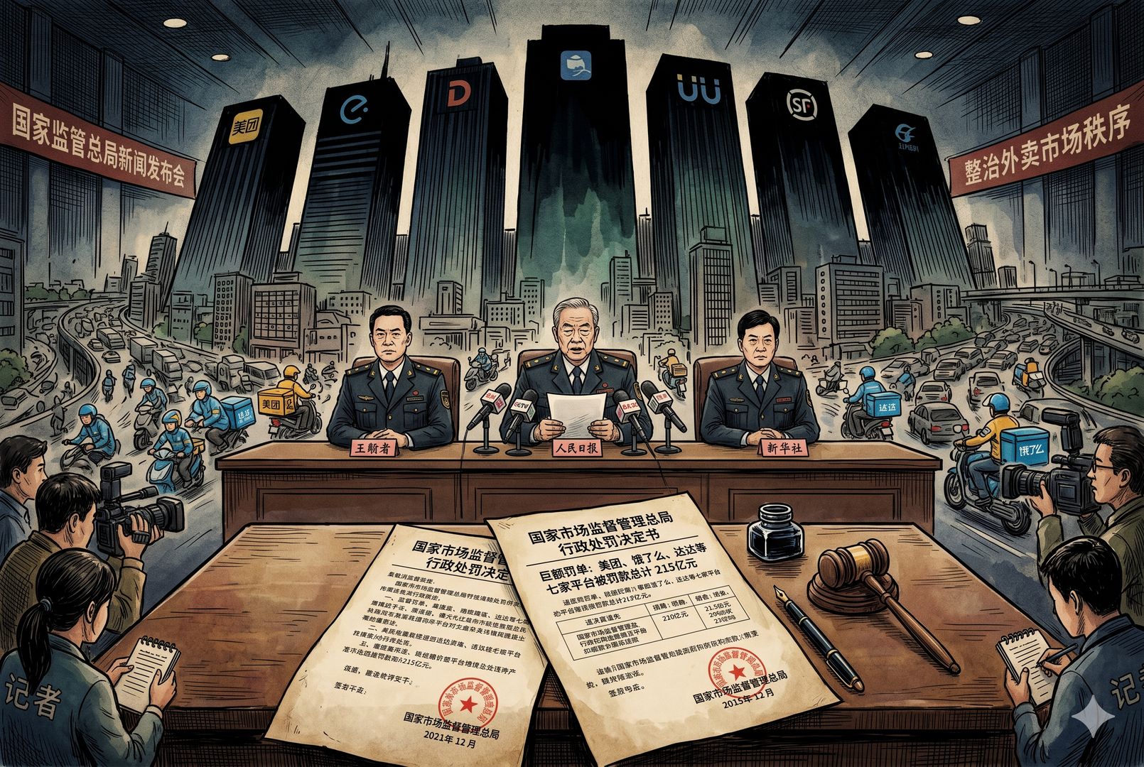 国家监管总局重拳整治外卖平台的新闻现场,巨额罚单文件摊开在木桌上,背景里七家平台的抽象办公楼剪影与外卖骑手穿梭的城市街景形成对照,画面庄重而有压迫感,羊皮纸,钢笔彩色手绘的统一风格。