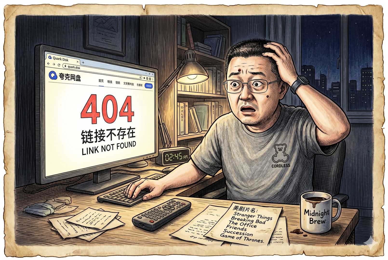 深夜里一名观众坐在电脑前,屏幕上夸克网盘页面显示“链接不存在”,桌上散着遥控器、咖啡杯和写有美剧片名的便签,神情错愕,羊皮纸,钢笔彩色手绘的统一风格。