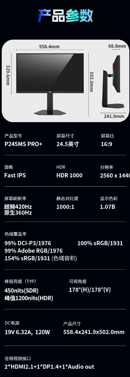 泰坦军团 P245MS PRO+ 显示器开启预约:24.5 英寸 2K 420Hz Mini LED 面板,2276 元