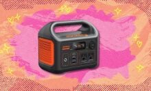 the Jackery Explorer 300 on a pink and orange background