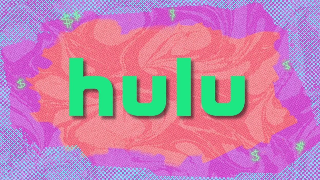 hulu logo against a red, blue, and purple patterned background