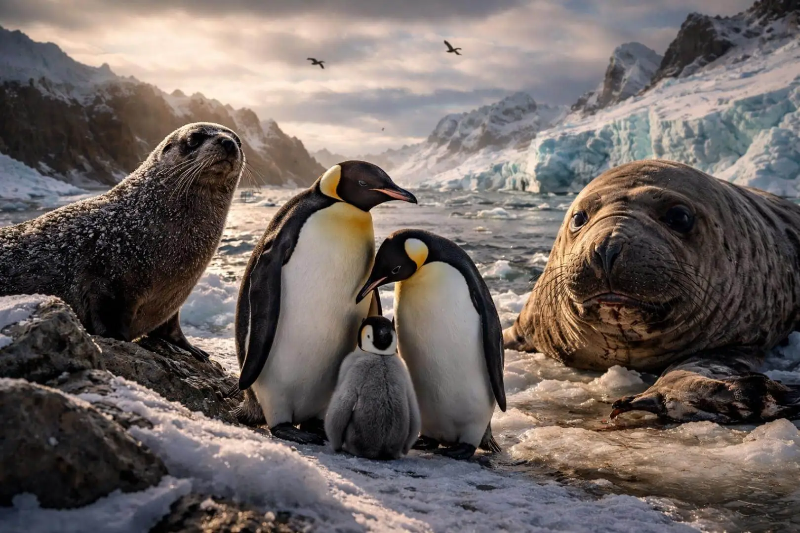 Tres símbolos del ecosistema antártico —pingüinos emperador, lobo fino y elefante marino— frente a un paisaje que cambia, donde el hielo que sostiene su vida comienza a desaparecer
