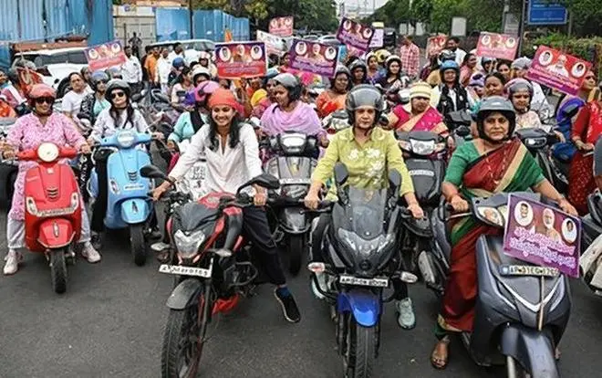 Women riders takking part in an all-women motorcycle and scooter rally in Visakhapatnam on Thursday April 16, 2026, organised by the NDA alliance comprising the BJP, TDP and JSP from the LIC Building near the Ambedkar Statue, in support of the introduction of the Women’s Reservation Bill (Nari Shakti Vandan Adhiniyam) in the Lok Sabha.