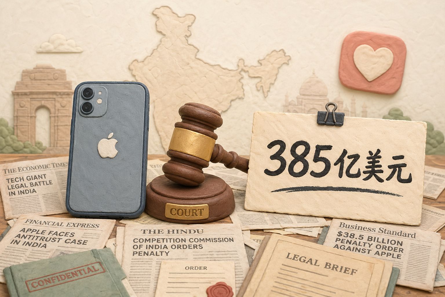 一张铺满旧报纸与法律文件的书桌上,一部带苹果标志的手机、一枚法槌、一张写着“385亿美元”的大字纸条并置,背景隐约可见印度地图轮廓与约会软件爱心图标,羊皮纸,钢笔彩色手绘的统一风格。