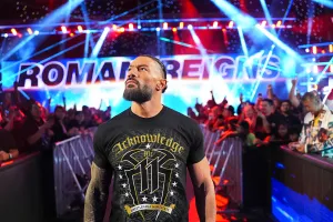 SACRAMENTO, CALIFORNIA - APRIL 13: Roman Reigns enters the ring during Monday Night RAW at Golden 1 Center on April 13, 2026 in Sacramento, California. (Photo by Rich Freeda/WWE via Getty Images)