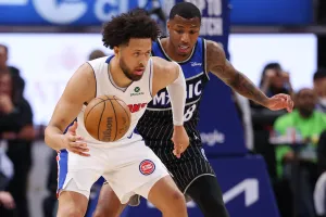 DETROIT, MICHIGAN - APRIL 19: Cade Cunningham #2 of the Detroit Pistons plays against the Orlando Magic during game one of the first round of the eastern conference playoffs at Little Caesars Arena on April 19, 2026 in Detroit, Michigan. NOTE TO USER: User expressly acknowledges and agrees that, by downloading and or using this photograph, User is consenting to the terms and conditions of the Getty Images License Agreement. (Photo by Gregory Shamus/Getty Images)