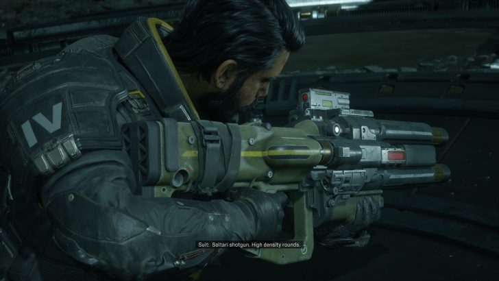A character in tactical gear aims a large futuristic weapon labeled Soltari shotgun with the on-screen text 'High density rounds.'