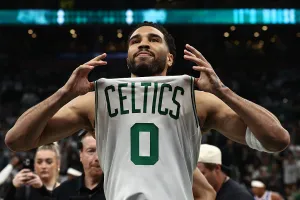 BOSTON, MA - APRIL 19: Jayson Tatum #0 of the Boston Celtics shows off his jersey before Game One of the Eastern Conference First Round NBA Playoffs against the Philadelphia 76ers at TD Garden on April 19, 2026 in Boston, Massachusetts. NOTE TO USER: User expressly acknowledges and agrees that, by downloading and/or using this Photograph, user is consenting to the terms and conditions of the Getty Images License Agreement. (Photo By Winslow Townson/Getty Images)