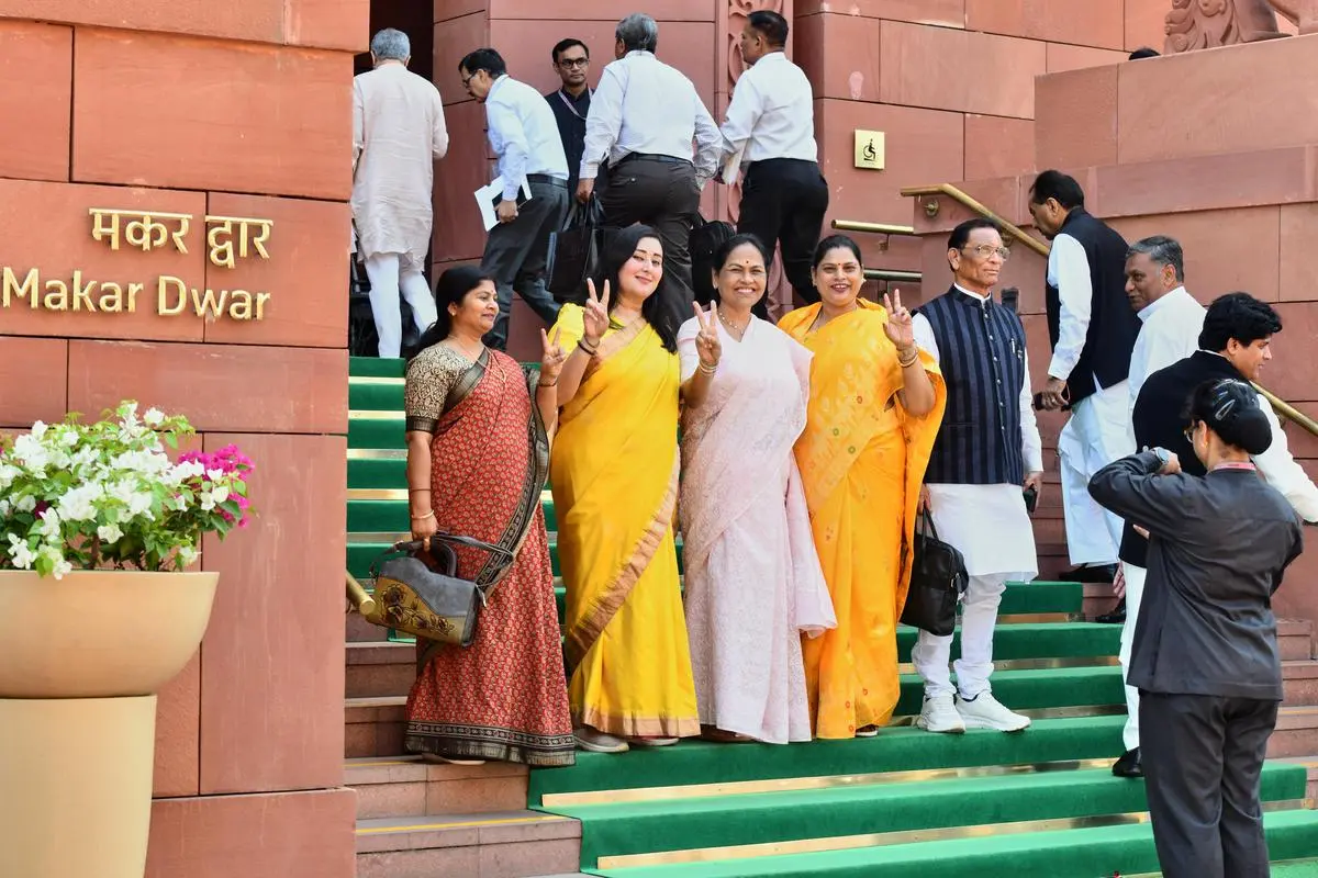 Women MPs pose outside Parliament House before the start of the debate on the women’s reservation Bill, on April 16. Women MPs pose outside Parliament House before the start of the debate on the women’s reservation Bill, on April 16.
