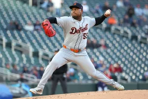 MINNEAPOLIS, MINNESOTA - APRIL 8: Framber Valdez #59 of the Detroit Tigers delivers a pitch against the Minnesota Twins during the first inning at Target Field on April 8, 2026 in Minneapolis, Minnesota. (Photo by Matt Krohn/Getty Images)