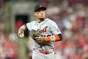 CINCINNATI, OHIO - APRIL 24: Javier Báez #28 of the Detroit Tigers jogs across the field in the fifth inning against the Cincinnati Reds at Great American Ball Park on April 24, 2026 in Cincinnati, Ohio. (Photo by Dylan Buell/Getty Images)