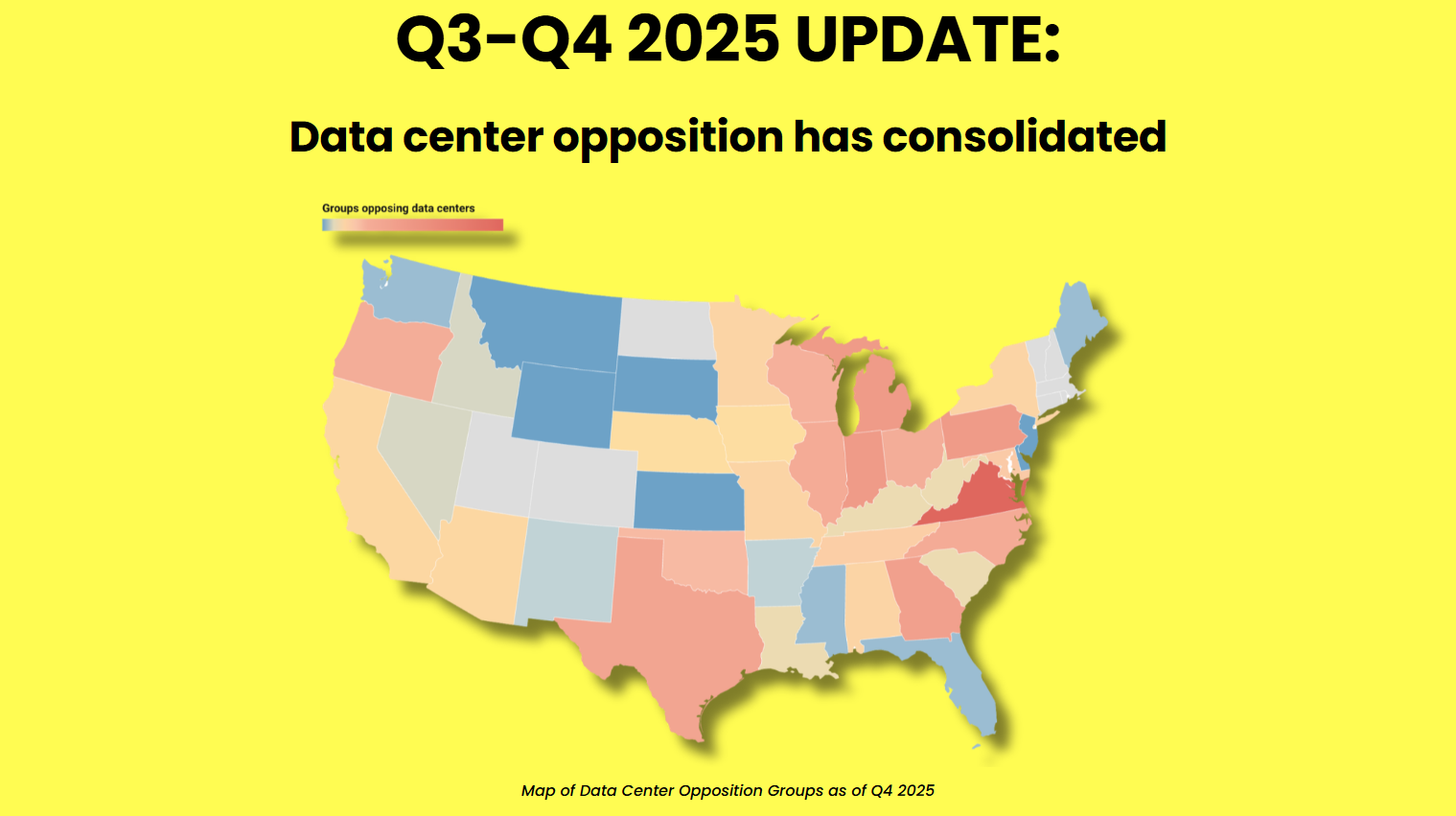 A map of the United State showing the opposition to data centers at the state level.
