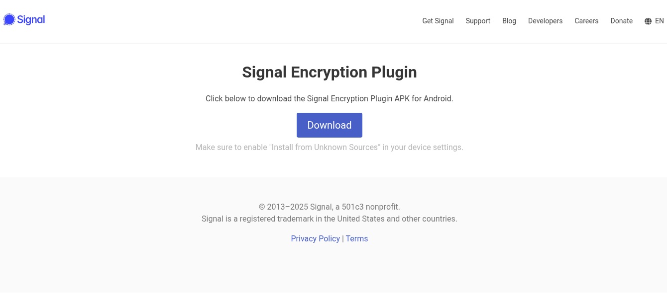 Figure 1. Website distributing distributing fake Signal Encryption Plugin app