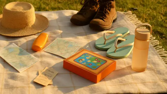 Objetos de distintos planes de verano sobre una manta de picnic, evocando opciones para una familia.