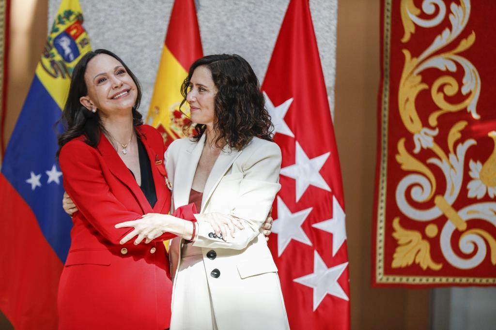 Mar�a Corina Machado, ayer, en la Puerta del Sol de Madrid.