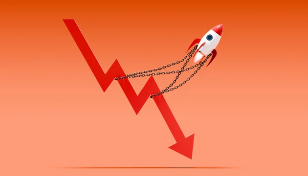 Rocket Pulling Downward-Trending Red Graph with Chains, Symbolizing Recovery Efforts and Market Correction