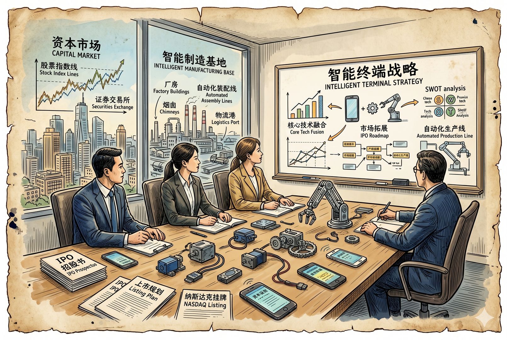 一间会议室里,桌上同时摆着智能手机、机器人零件和上市文件,几位高管面前是写着“智能终端”的战略白板,窗外隐约是资本市场与工厂双重意象,羊皮纸,钢笔彩色手绘的统一风格。