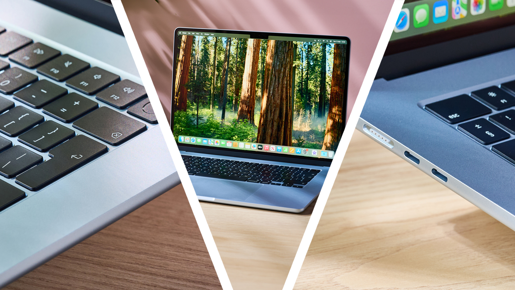 Three angles of the Apple MacBook Air 15-inch M4 laptop above a desk
