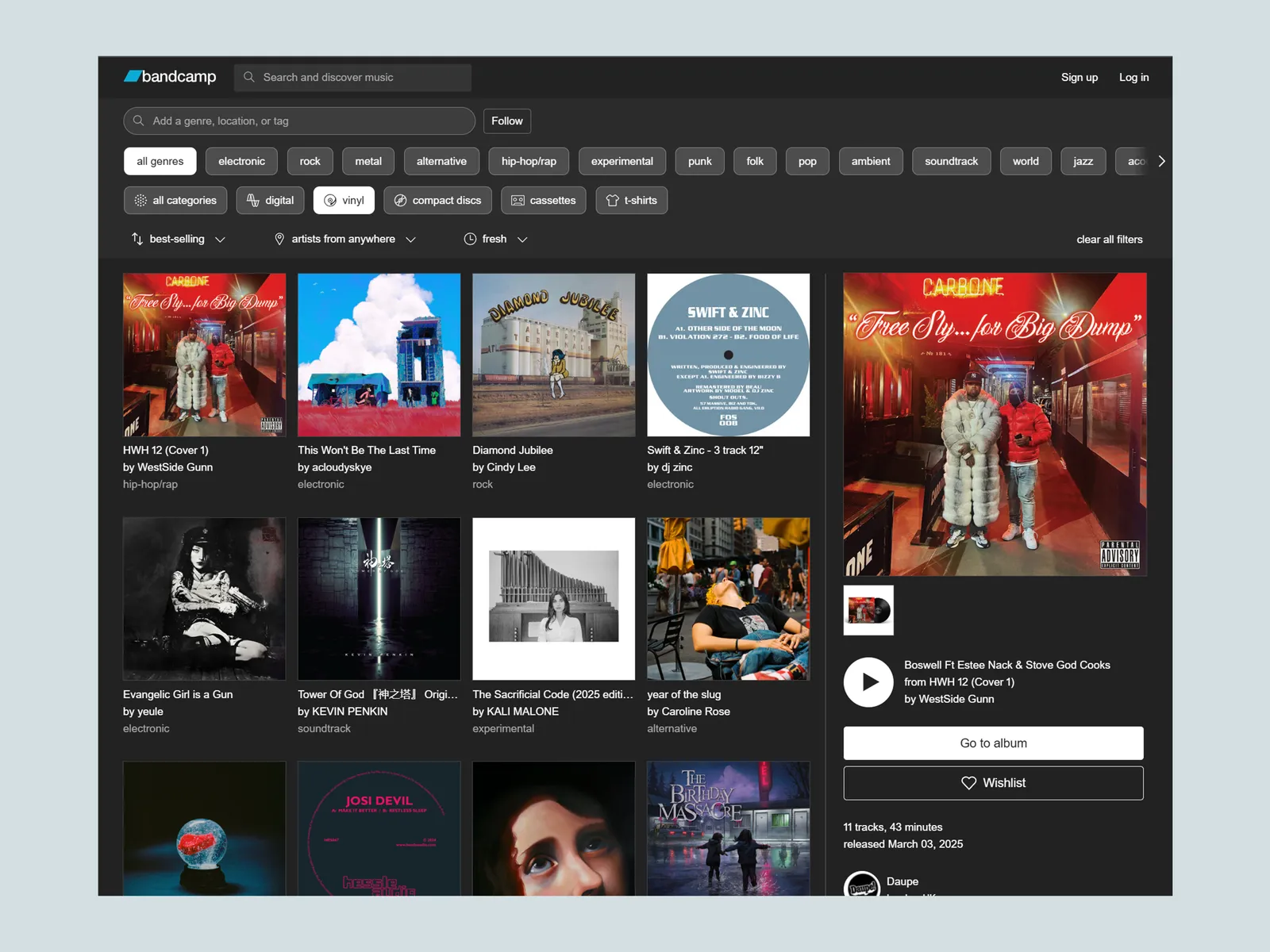 Screenshot of Bandcamp a website to purchase vinyl records