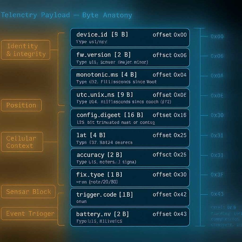 Annotated cross-section of an IoT telemetry payload showing labeled byte-field groupings: identity and integrity, position, cellular context, sensor block, event trigger