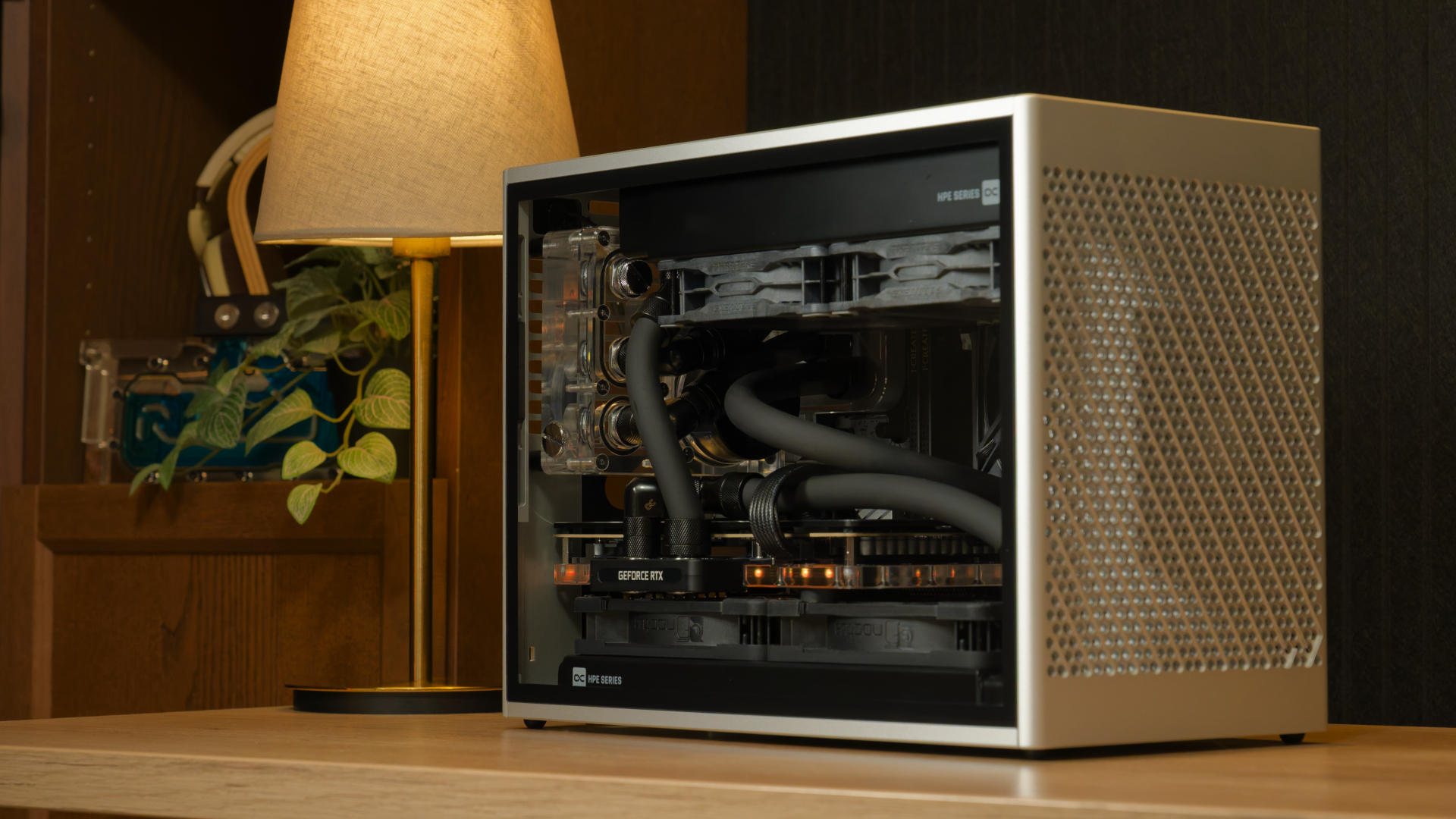 Greyscale PC build on a desk 