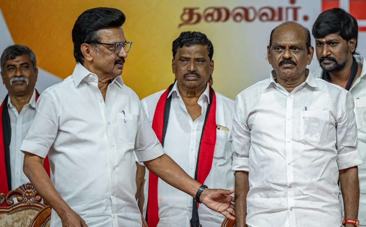 R. Vaithilingam, former AIADMK Minister who joined the DMK, with Chief Minister M.K. Stalin, in Thanjavur district on January 25.