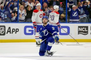 TAMPA, FL - APRIL 21: Brandon Hagel #38 of the Tampa Bay Lightning reacts after scoring against the Montréal Canadiens during the first period of Game Two of the First Round of the 2026 Stanley Cup Playoffs at the Benchmark International Arena on April 21, 2026 in Tampa, Florida. (Photo by Mike Carlson/Getty Images)