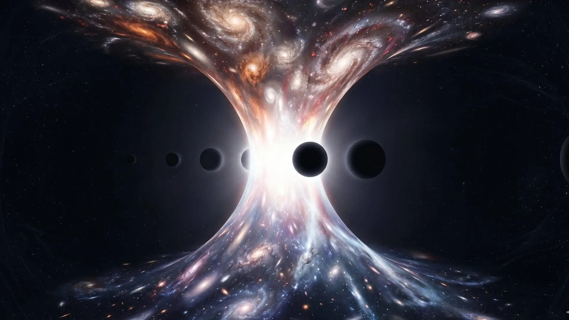 Recreación artística que ilustra el concepto del 'Rebote Cósmico' con galaxias fluyendo a través de una compresión central. Foto: Nano Banana / Scruzcampillo.