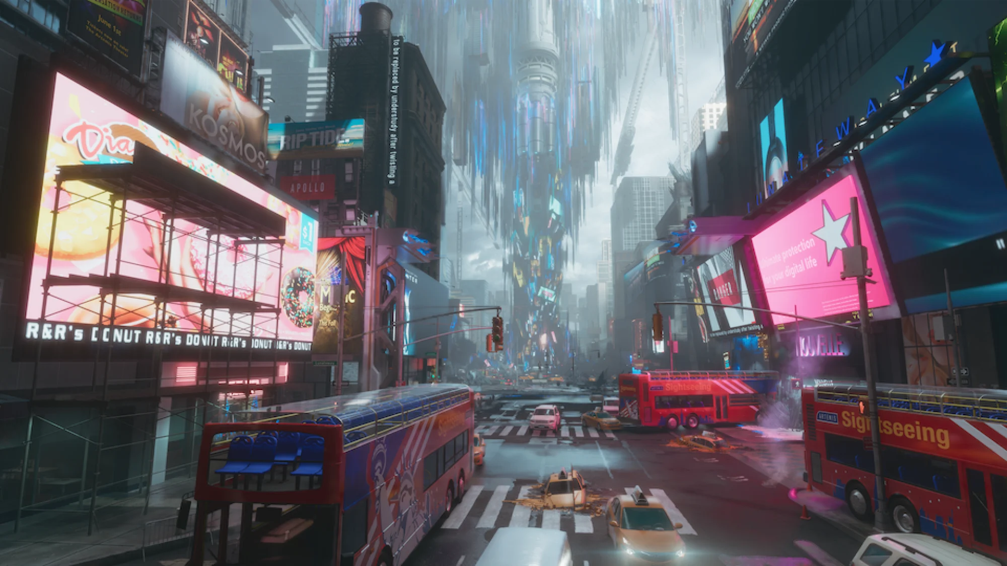 Weird sci-fi Times Square environment in Pragmata