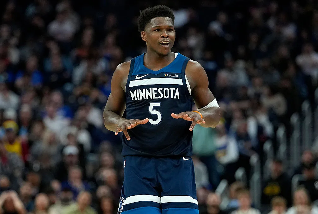 SAN FRANCISCO, CALIFORNIA - MARCH 13: Anthony Edwards #5 of the Minnesota Timberwolves reacts after making a three-point shot against the Golden State Warriors in the second half at Chase Center on March 13, 2026 in San Francisco, California. NOTE TO USER: User expressly acknowledges and agrees that, by downloading and or using this photograph, User is consenting to the terms and conditions of the Getty Images License Agreement. (Photo by Thearon W. Henderson/Getty Images)