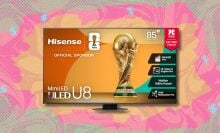hisense 85-inch class u8 mini-led uled 4k tv against a yellow, pink, and green patterned background
