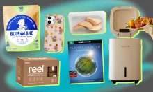 Blueland laundry tablets, Reel bamboo toilet paper, phone case with cats on it, Stasher bag with apple slices inside, "Planet Earth II" DVD, person putting plates scrapings into Reencle Prime composter arranged on gray and blue backdrop