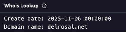 WHOIS Look records of the C2 endpoint vhs[.]delrosal[.]net.