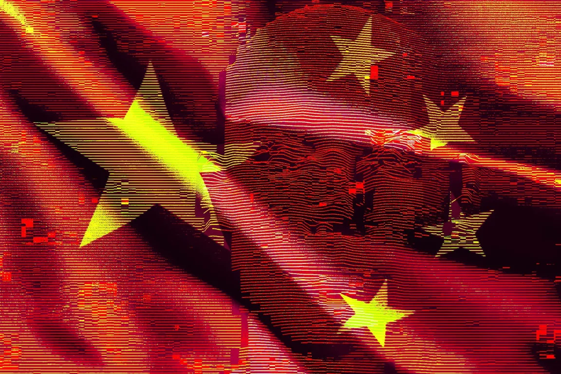 A digital art piece combining the Chinese flag with a humanoid figure. The image is stylized with horizontal lines and glitch-like effects, blending the red background and yellow stars of the flag with the soldier's face and helmet. The overall color scheme is dominated by red and yellow tones.