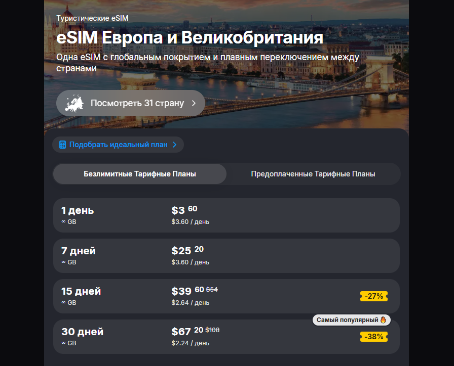 Туристическая eSIM для Европы (и Великобритании) покрывает 31 страну Туристическая eSIM для Европы (и Великобритании) покрывает 31 страну