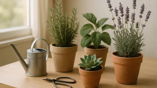 Mesa junto a una ventana con varias plantas de interior y luz suave.